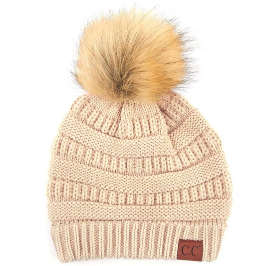 C.C Solid Ribbed Knit Beanie With Pom