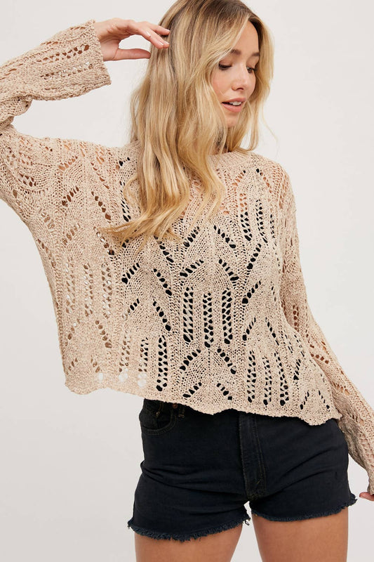 OPEN KNIT SWEATER PULLOVER: TAUPE