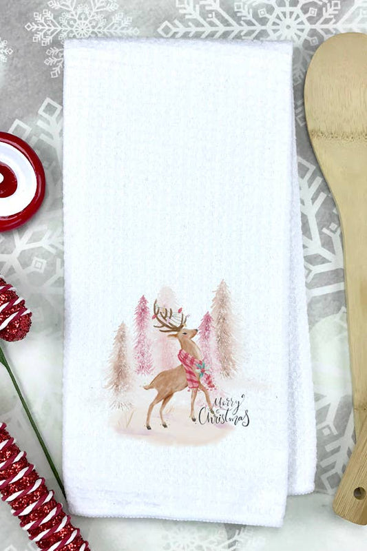 Merry Christmas Holiday Gift Reindeer Pink Snowy Trees