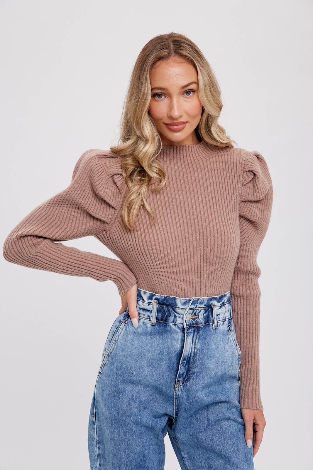 PUFF SLEEVES MOCK NECK PULLOVER