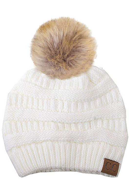 C.C Solid Ribbed Knit Beanie With Pom