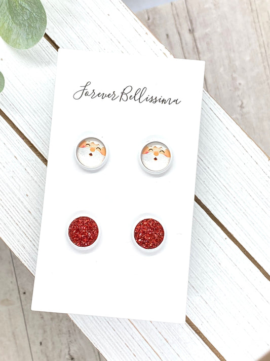 Santa Earrings | Christmas Earrings | Druzy Earrings | Christmas Stud Set | Santa Christmas Earrings | Red Druzy Stud Earrings